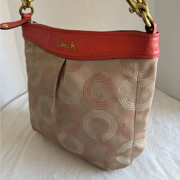 Coach Ashley Dotted Op Art Hippie Beige And Coral Shoulder Crossbody Bag #F20088 - Picture 4 of 16